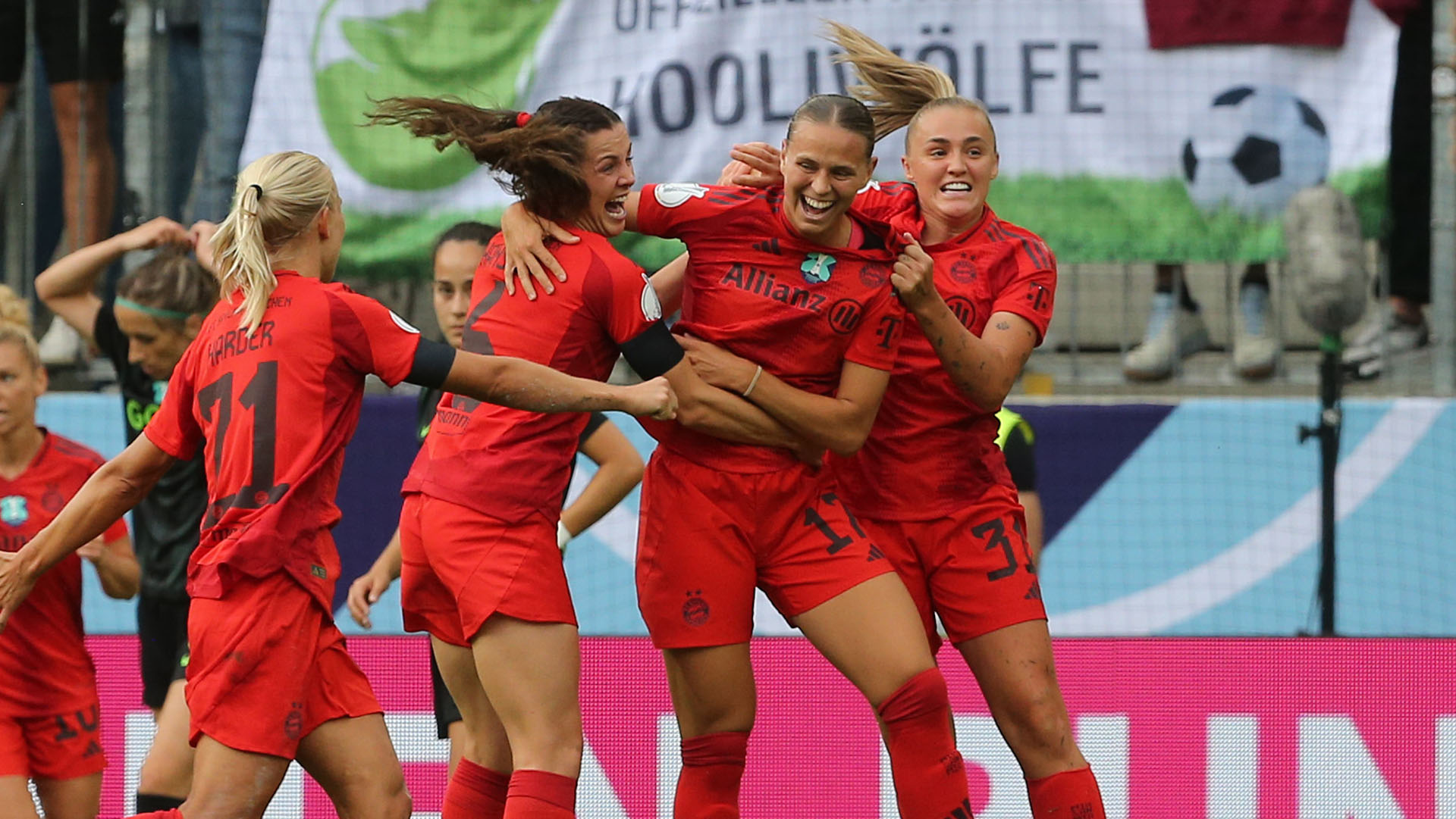 FC Bayern Women celebrate goal against Wolfsburg in Supercup