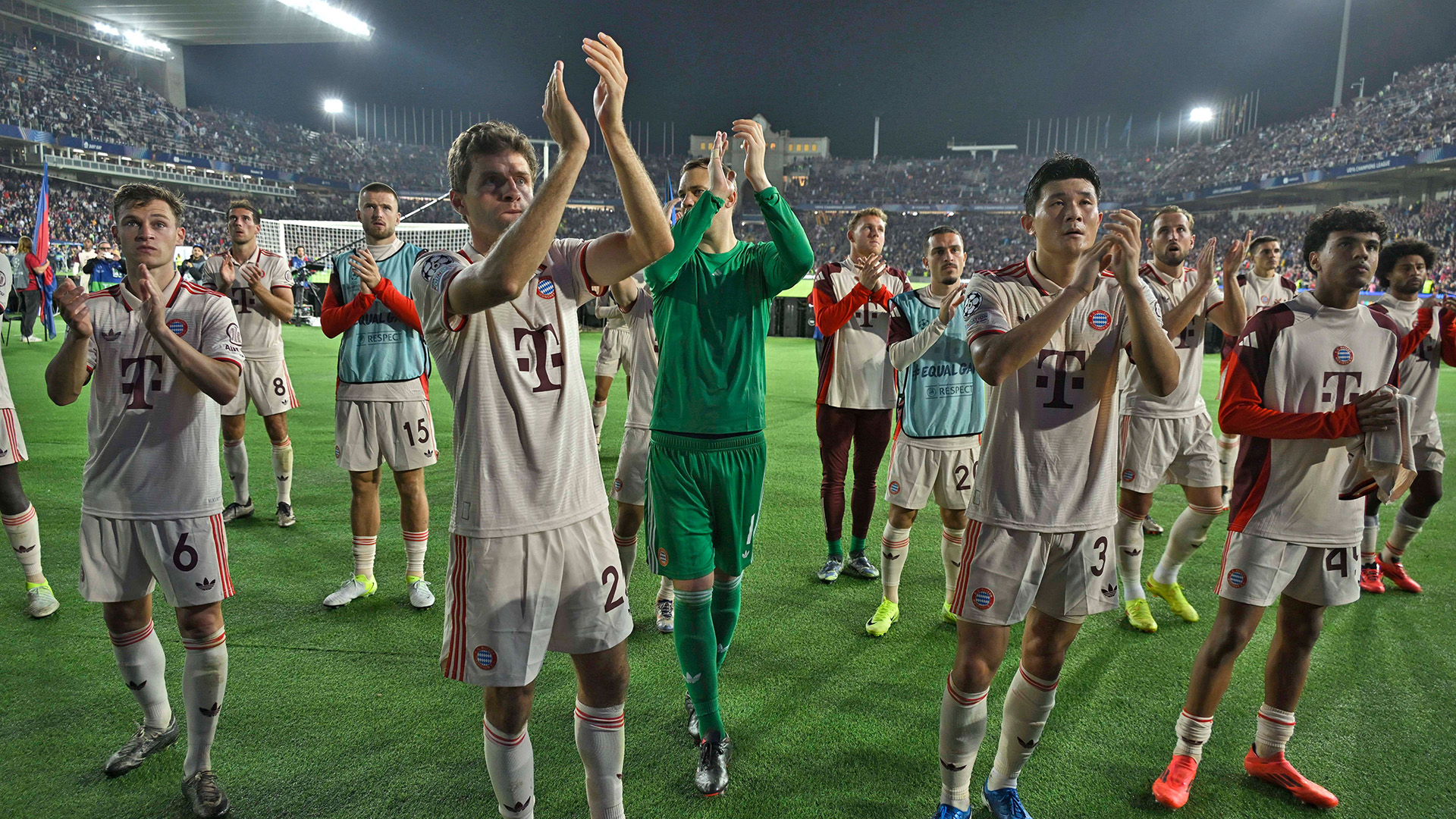 Bayern players in front of the away fans at FC Barcelona