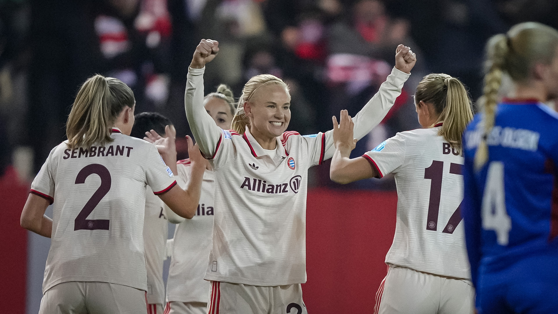 Pernille Harder celebrates in FC Bayern Women's home match against Vålerenga