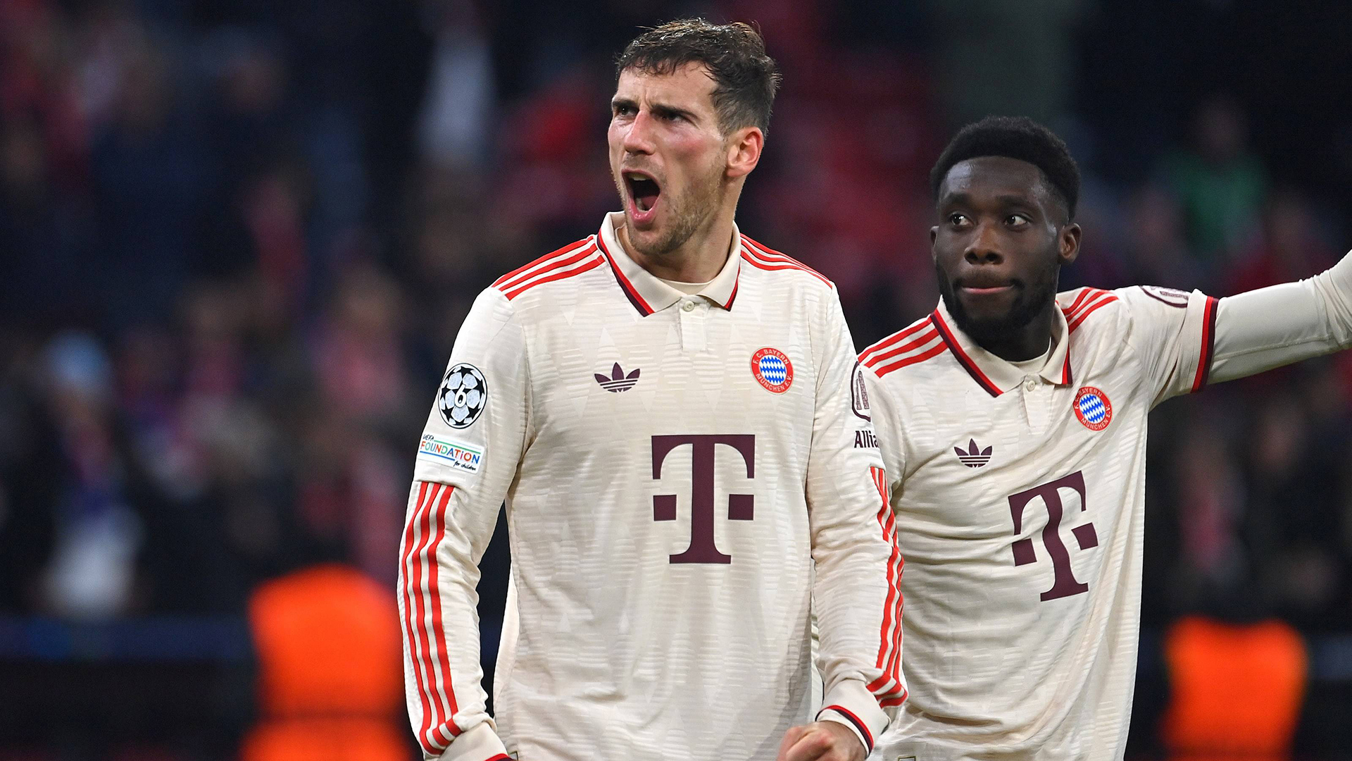 Leon Goretzka celebrates after FC Bayern's match against Paris Saint-Germain